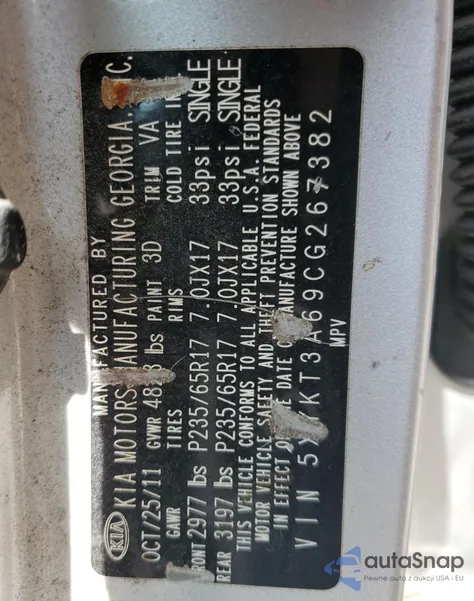 2012 Kia Sorento Base z USA, uszkodzony, nr VIN 5XYKT3A69CG267382